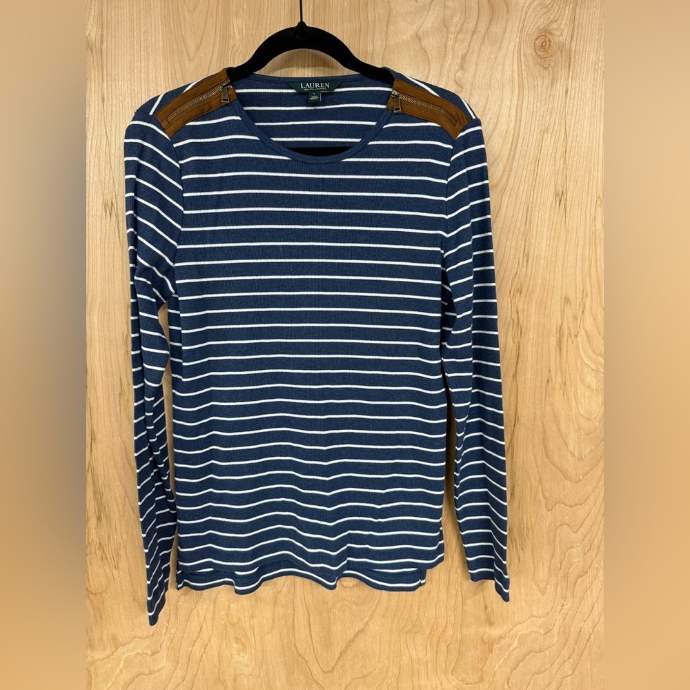 Ralph Lauren Shirt Womens Large Blue White Striped Padded Zip Shoulders Cotton